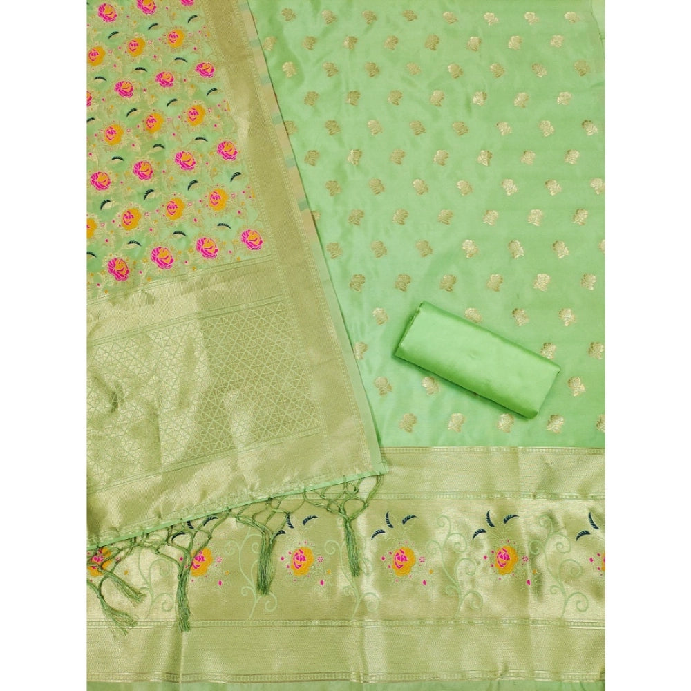 HD Women's Banarasi Silk Printed Unstitched Salwar Suit Material With Dupatta (Pista, 3Mtrs)