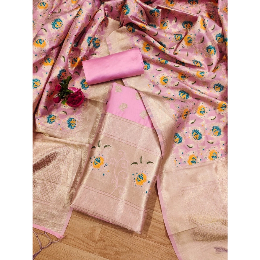 HD Women's Banarasi Silk Printed Unstitched Salwar Suit Material With Dupatta (Pink, 3Mtrs)