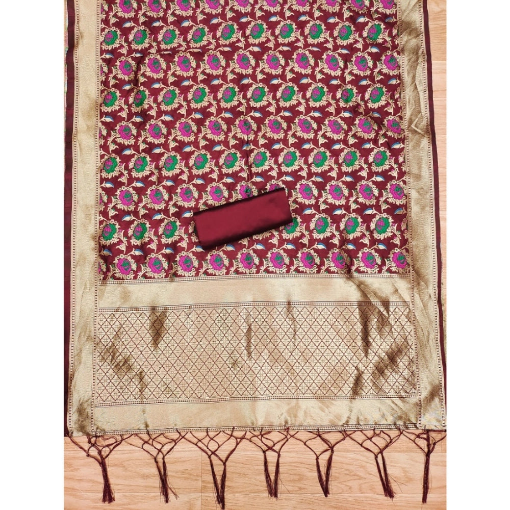 HD Women's Banarasi Silk Printed Unstitched Salwar Suit Material With Dupatta (Maroon, 3Mtrs)