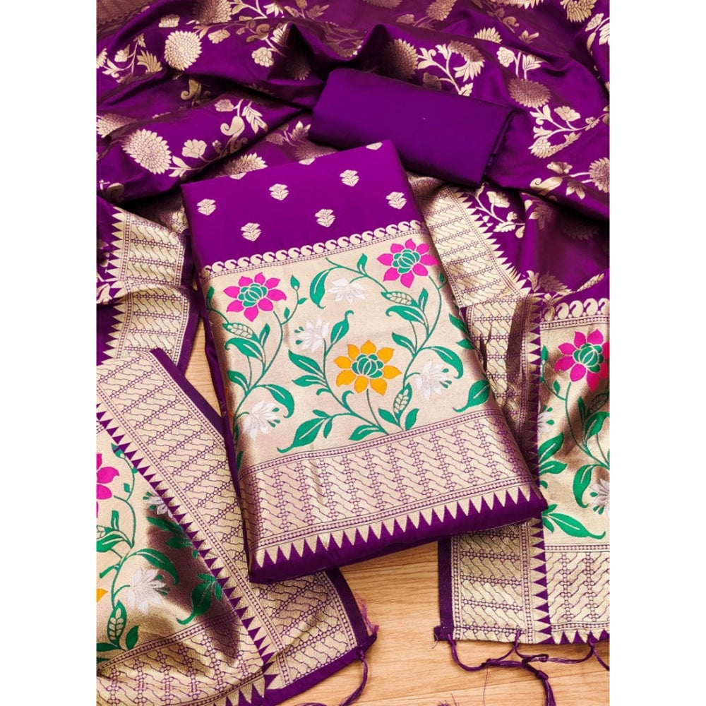 HD Women's Banarasi Silk Printed Unstitched Salwar Suit Material With Dupatta (Purple, 3Mtrs)