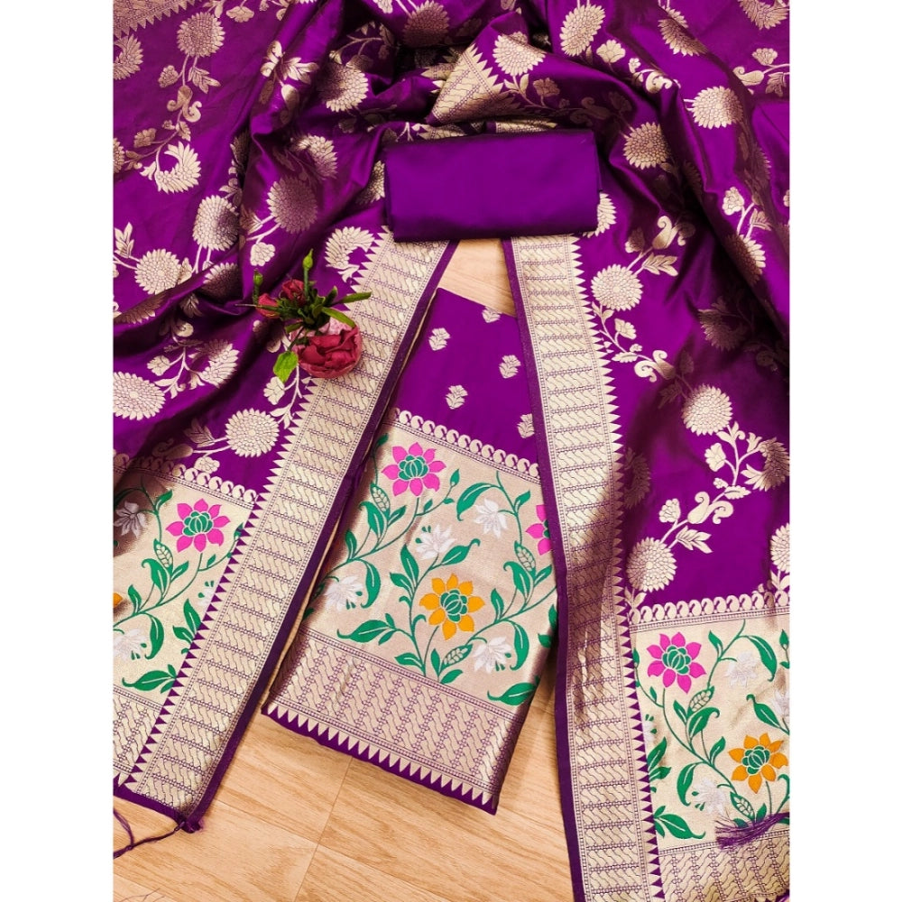HD Women's Banarasi Silk Printed Unstitched Salwar Suit Material With Dupatta (Purple, 3Mtrs)