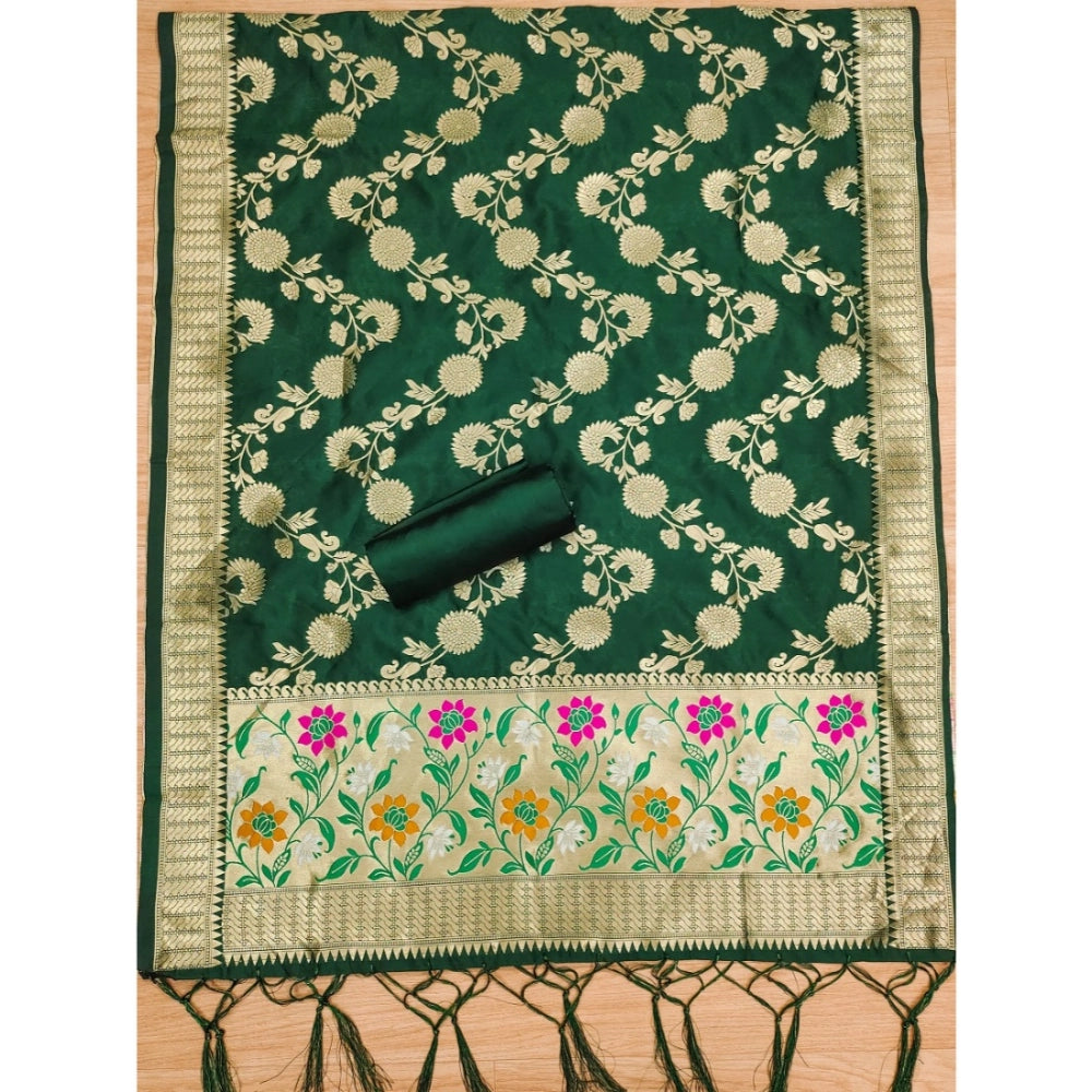HD Women's Banarasi Silk Printed Unstitched Salwar Suit Material With Dupatta (Green, 3Mtrs)