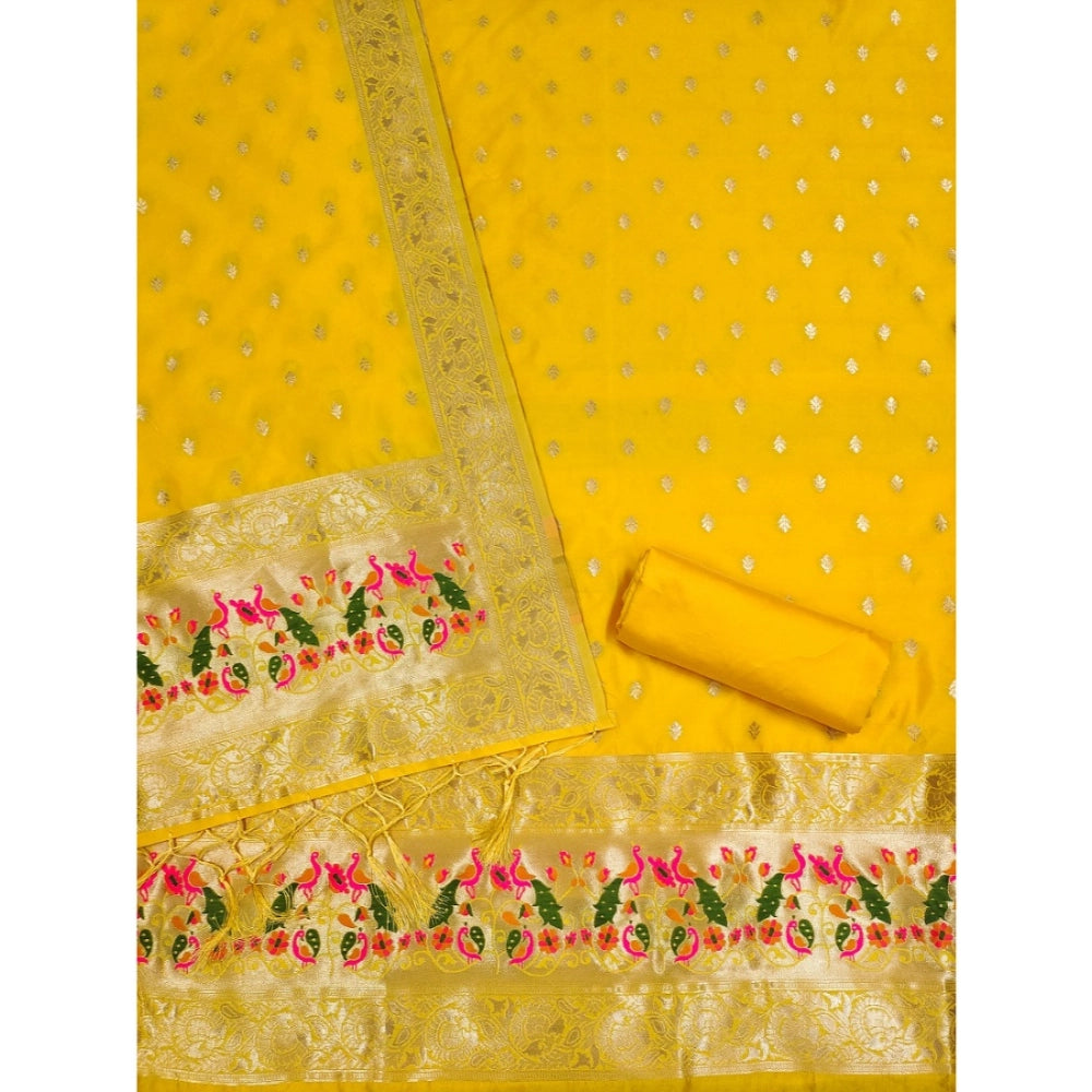 HD Women's Banarasi Silk Printed Unstitched Salwar Suit Material With Dupatta (Yellow, 3Mtrs)