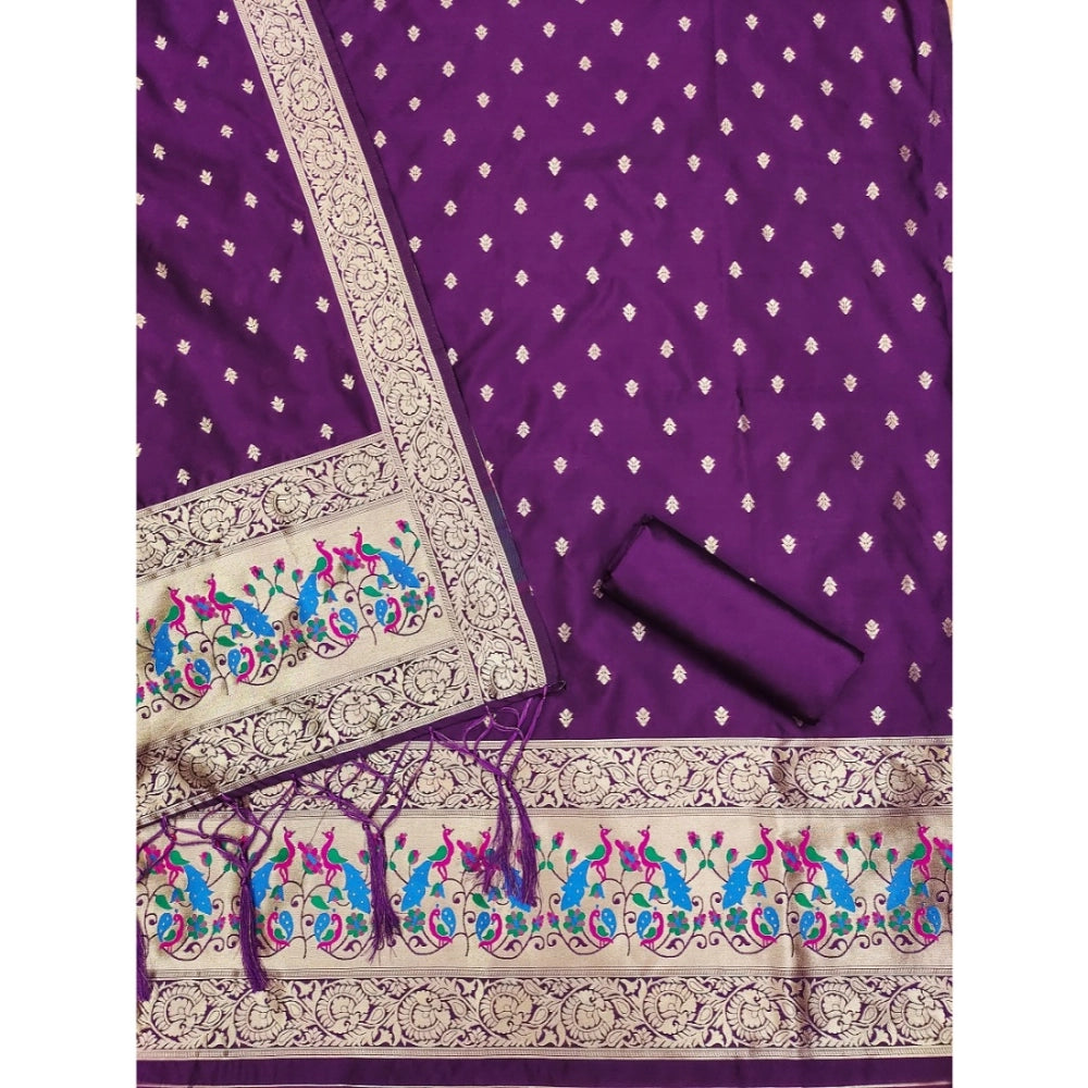 HD Women's Banarasi Silk Printed Unstitched Salwar Suit Material With Dupatta (Purple, 3Mtrs)