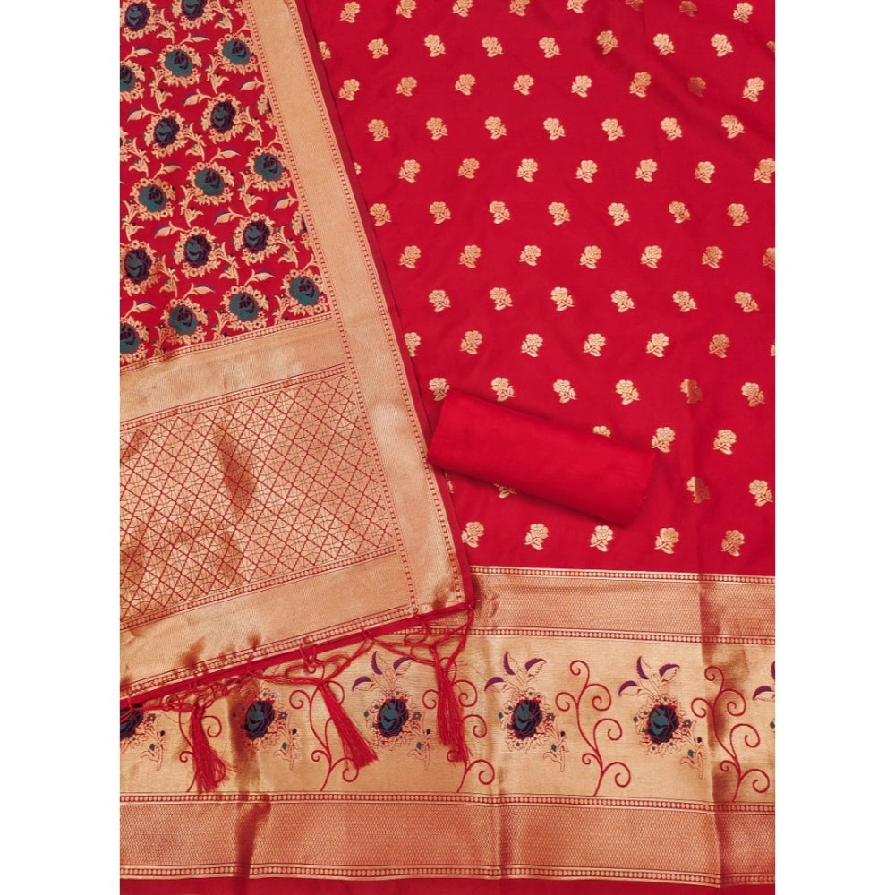 HD Women's Banarasi Silk Printed Unstitched Salwar Suit Material With Dupatta (Red, 3Mtrs)