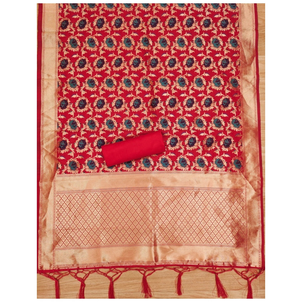 HD Women's Banarasi Silk Printed Unstitched Salwar Suit Material With Dupatta (Red, 3Mtrs)
