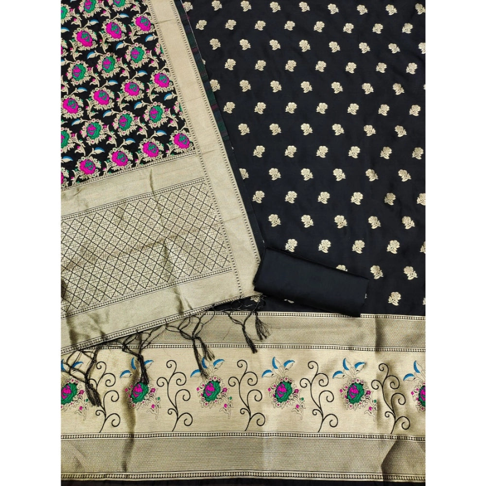 HD Women's Banarasi Silk Printed Unstitched Salwar Suit Material With Dupatta (Black, 3Mtrs)