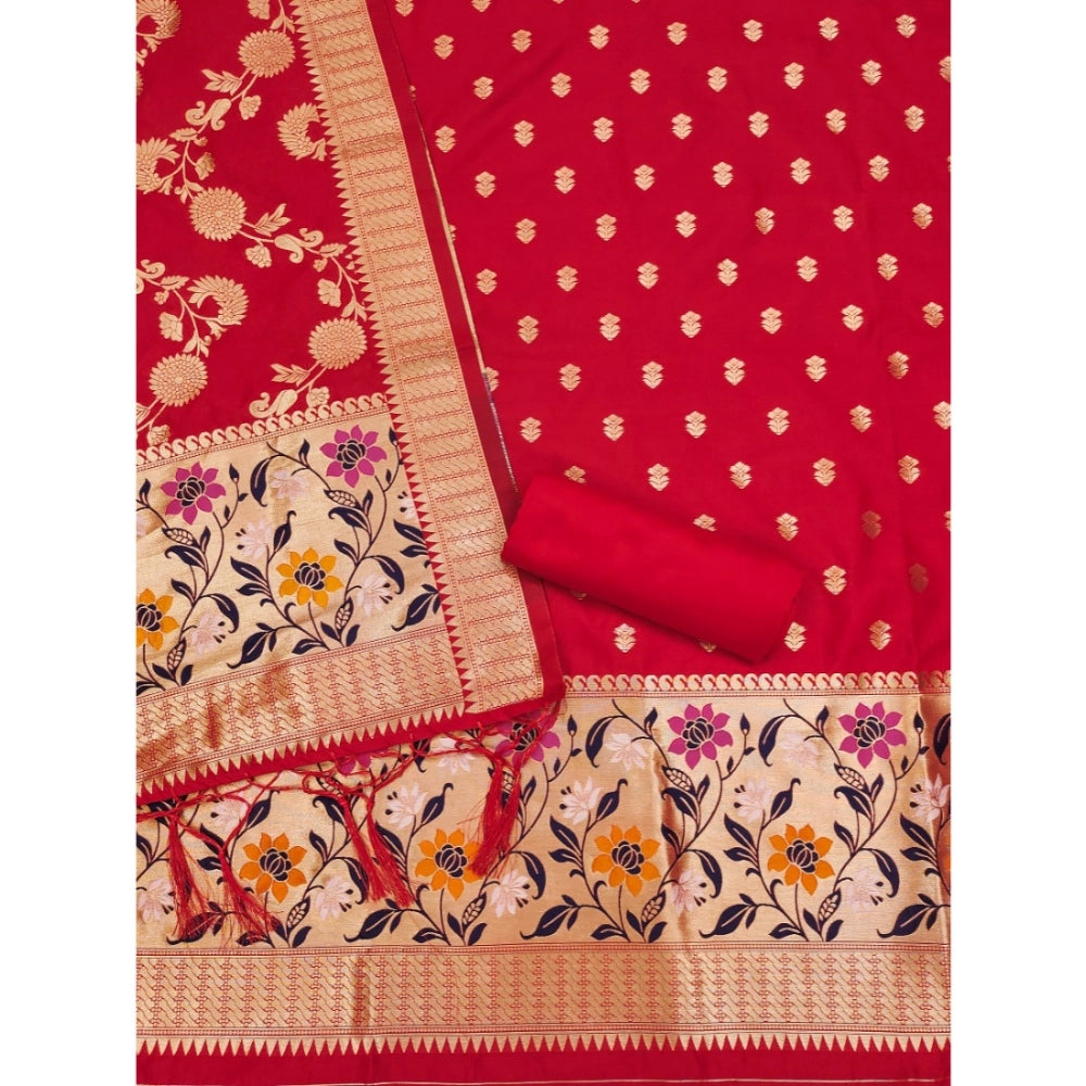 HD Women's Banarasi Silk Printed Unstitched Salwar Suit Material With Dupatta (Red, 3Mtrs)