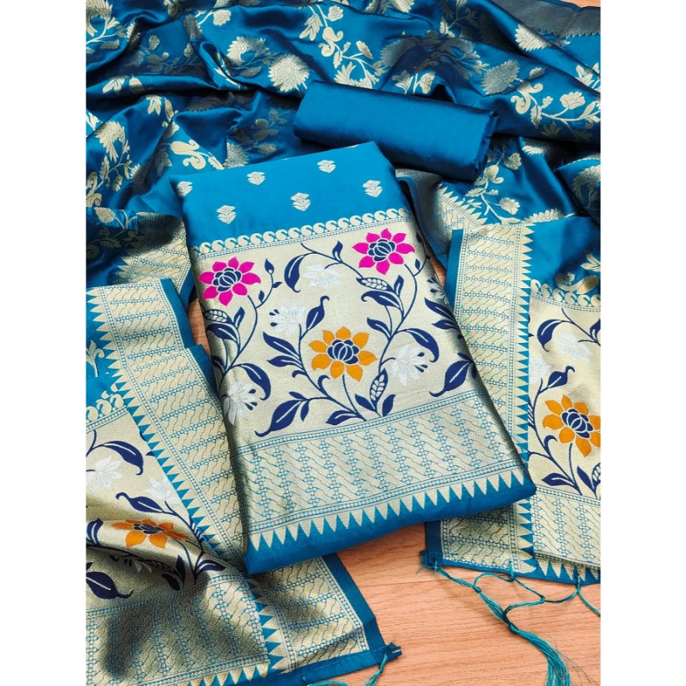 HD Women's Banarasi Silk Printed Unstitched Salwar Suit Material With Dupatta (Blue, 3Mtrs)