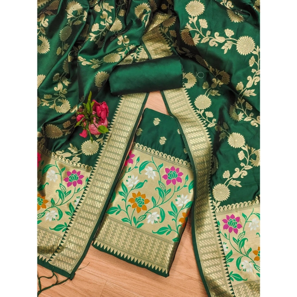 HD Women's Banarasi Silk Printed Unstitched Salwar Suit Material With Dupatta (Green, 3Mtrs)