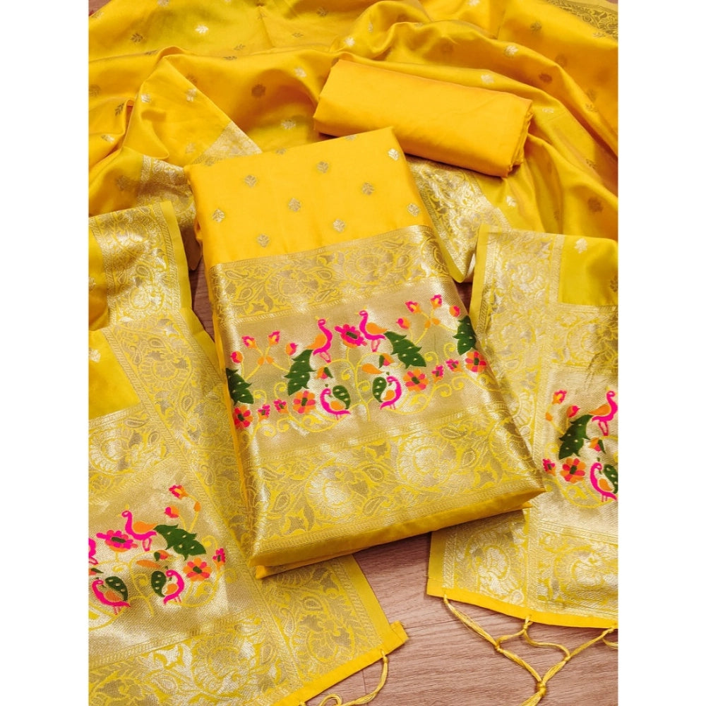 HD Women's Banarasi Silk Printed Unstitched Salwar Suit Material With Dupatta (Yellow, 3Mtrs)