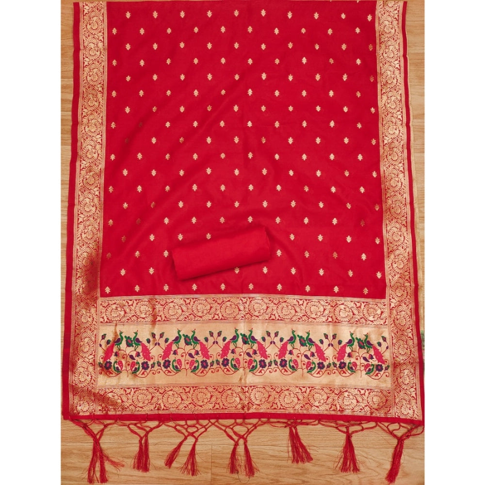 HD Women's Banarasi Silk Printed Unstitched Salwar Suit Material With Dupatta (Red, 3Mtrs)