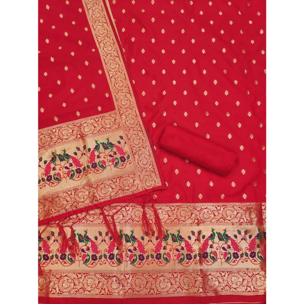 HD Women's Banarasi Silk Printed Unstitched Salwar Suit Material With Dupatta (Red, 3Mtrs)
