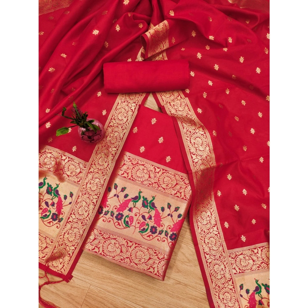 HD Women's Banarasi Silk Printed Unstitched Salwar Suit Material With Dupatta (Red, 3Mtrs)