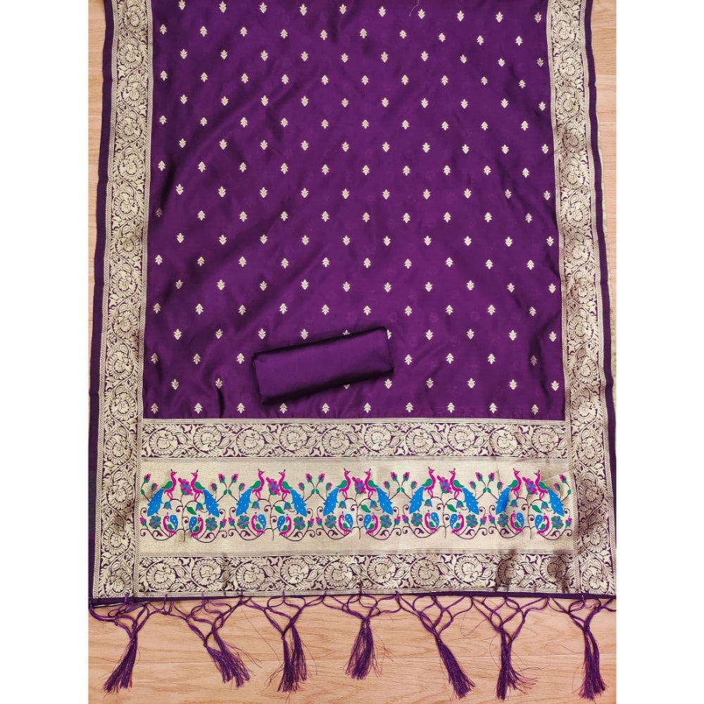HD Women's Banarasi Silk Printed Unstitched Salwar Suit Material With Dupatta (Purple, 3Mtrs)