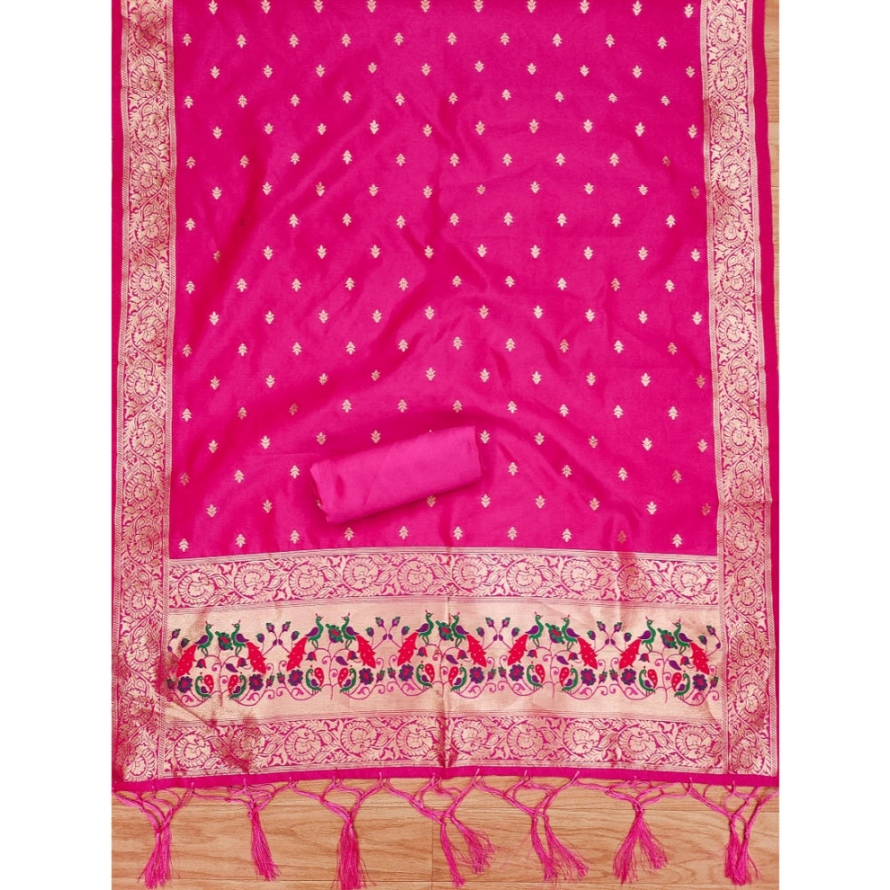 HD Women's Banarasi Silk Printed Unstitched Salwar Suit Material With Dupatta (Pink, 3Mtrs)