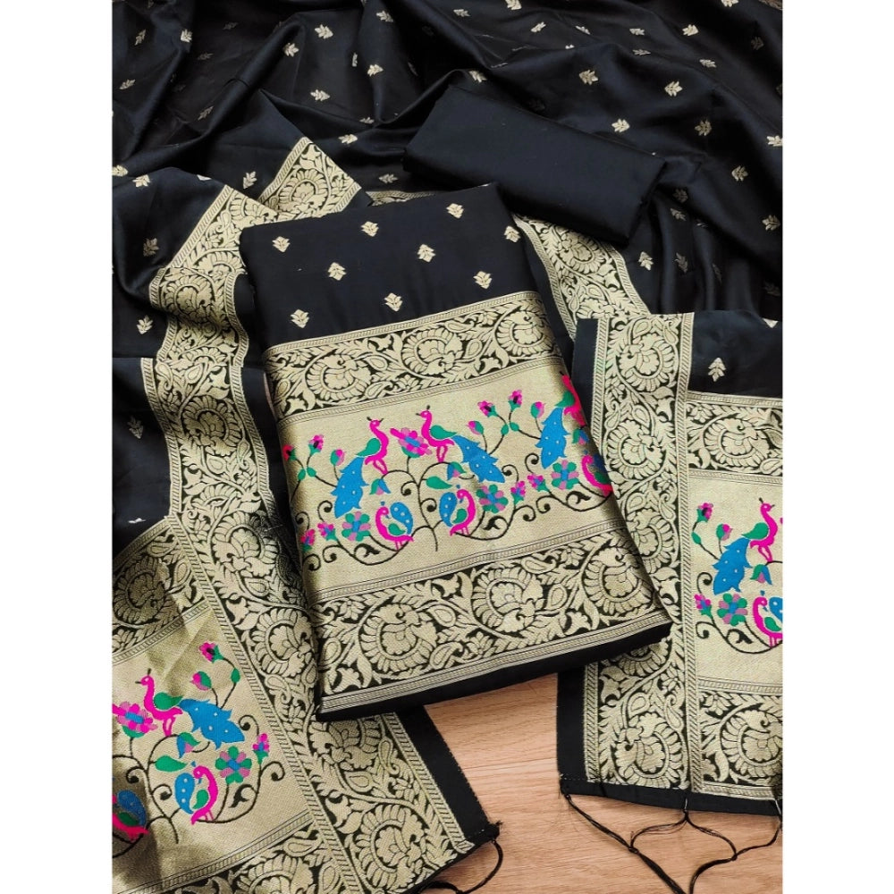 HD Women's Banarasi Silk Printed Unstitched Salwar Suit Material With Dupatta (Black, 3Mtrs)