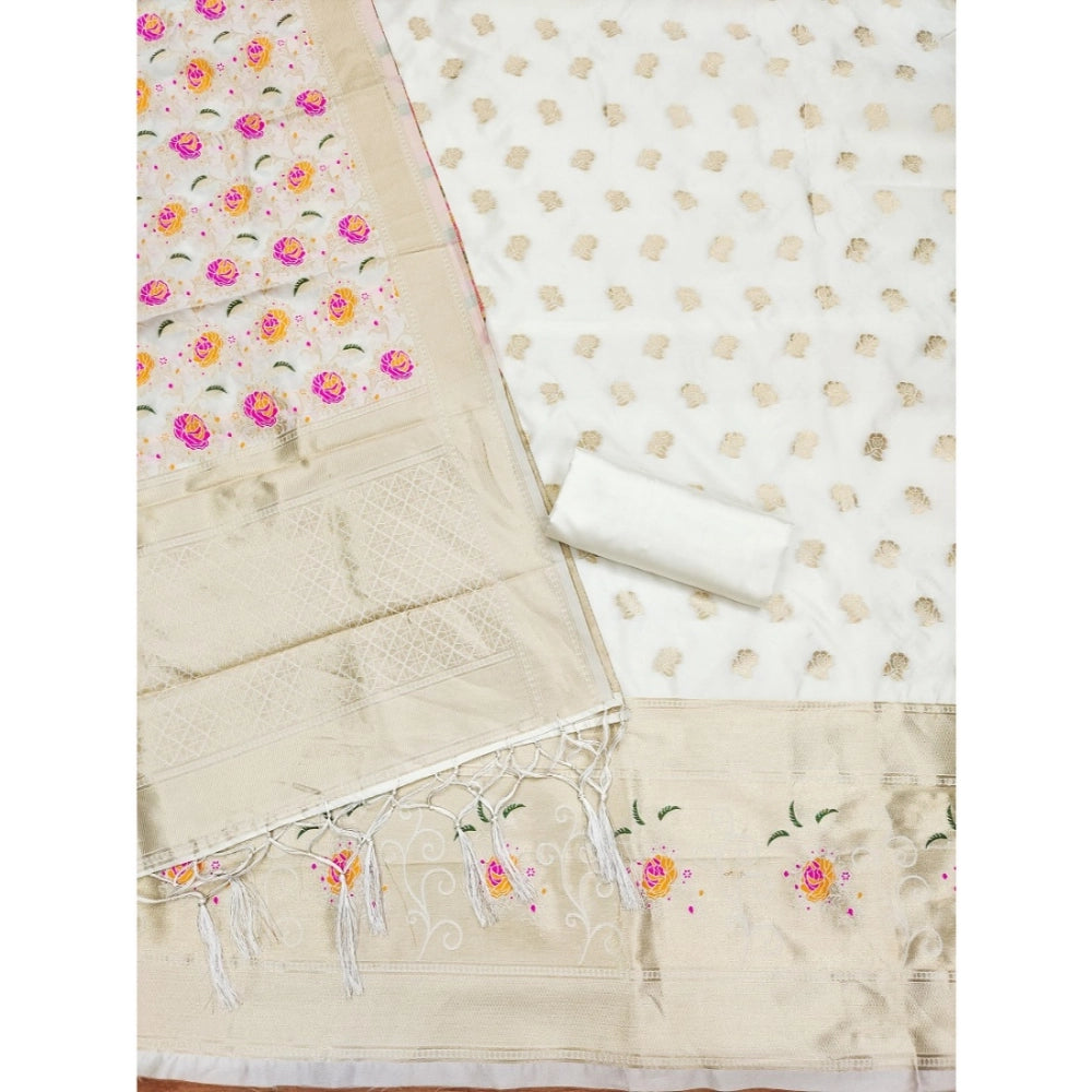 HD Women's Banarasi Silk Printed Unstitched Salwar Suit Material With Dupatta (White, 3Mtrs)