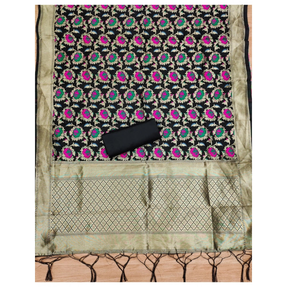 HD Women's Banarasi Silk Printed Unstitched Salwar Suit Material With Dupatta (Black, 3Mtrs)
