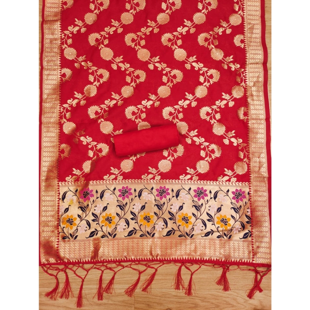 HD Women's Banarasi Silk Printed Unstitched Salwar Suit Material With Dupatta (Red, 3Mtrs)