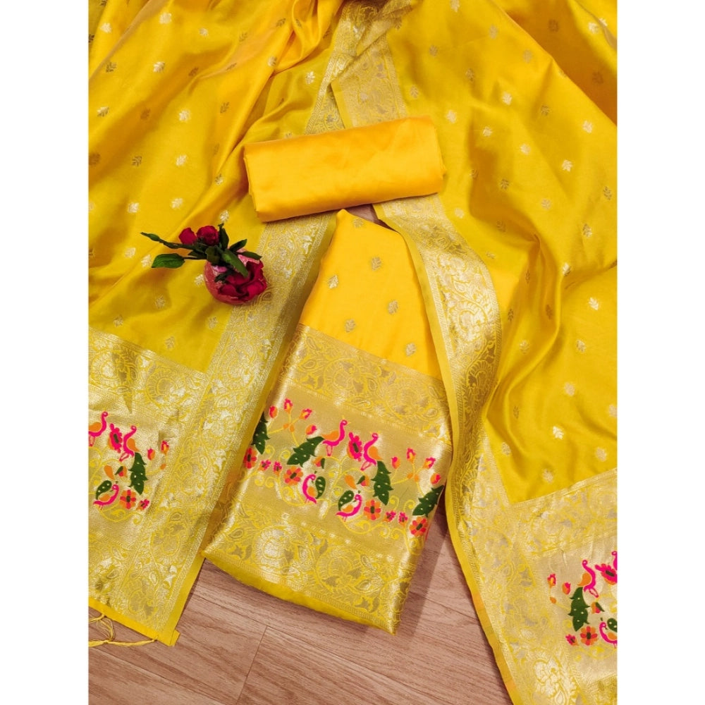 HD Women's Banarasi Silk Printed Unstitched Salwar Suit Material With Dupatta (Yellow, 3Mtrs)