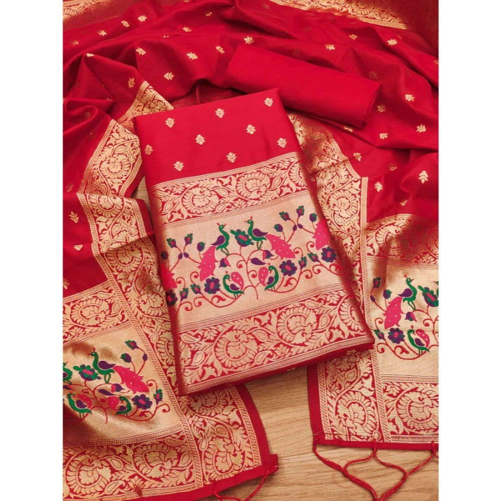 HD Women's Banarasi Silk Printed Unstitched Salwar Suit Material With Dupatta (Red, 3Mtrs)