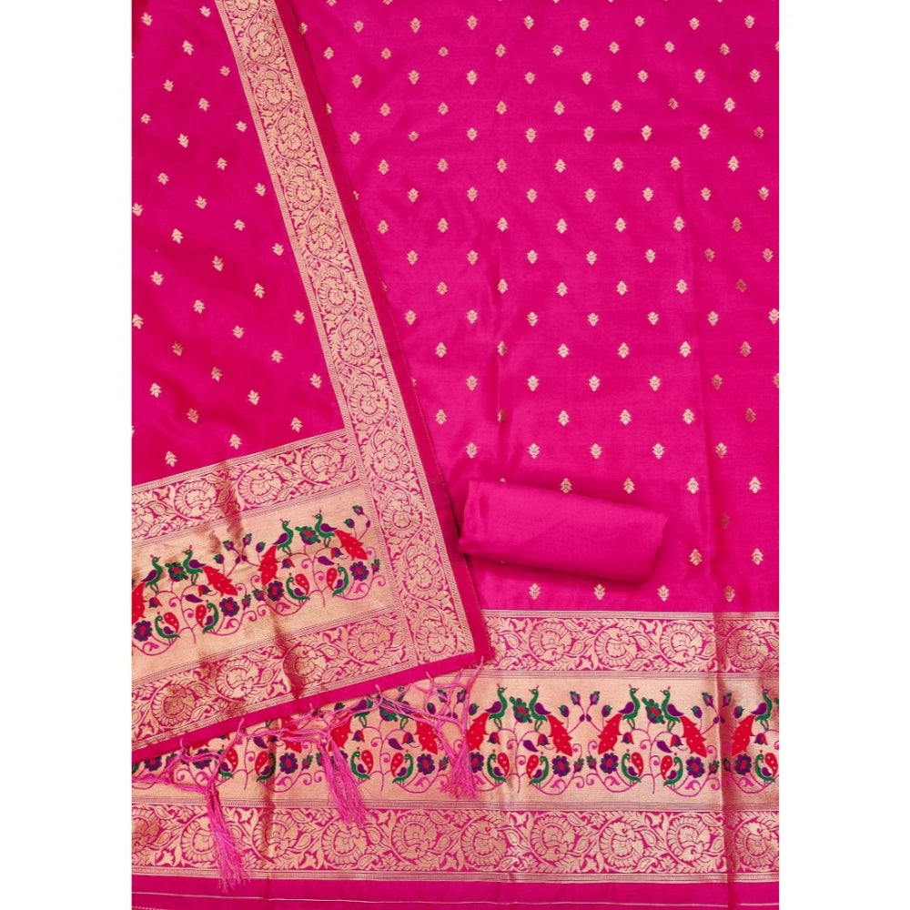 HD Women's Banarasi Silk Printed Unstitched Salwar Suit Material With Dupatta (Pink, 3Mtrs)