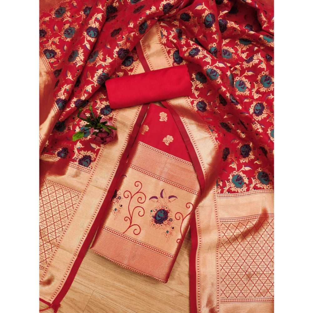 HD Women's Banarasi Silk Printed Unstitched Salwar Suit Material With Dupatta (Red, 3Mtrs)