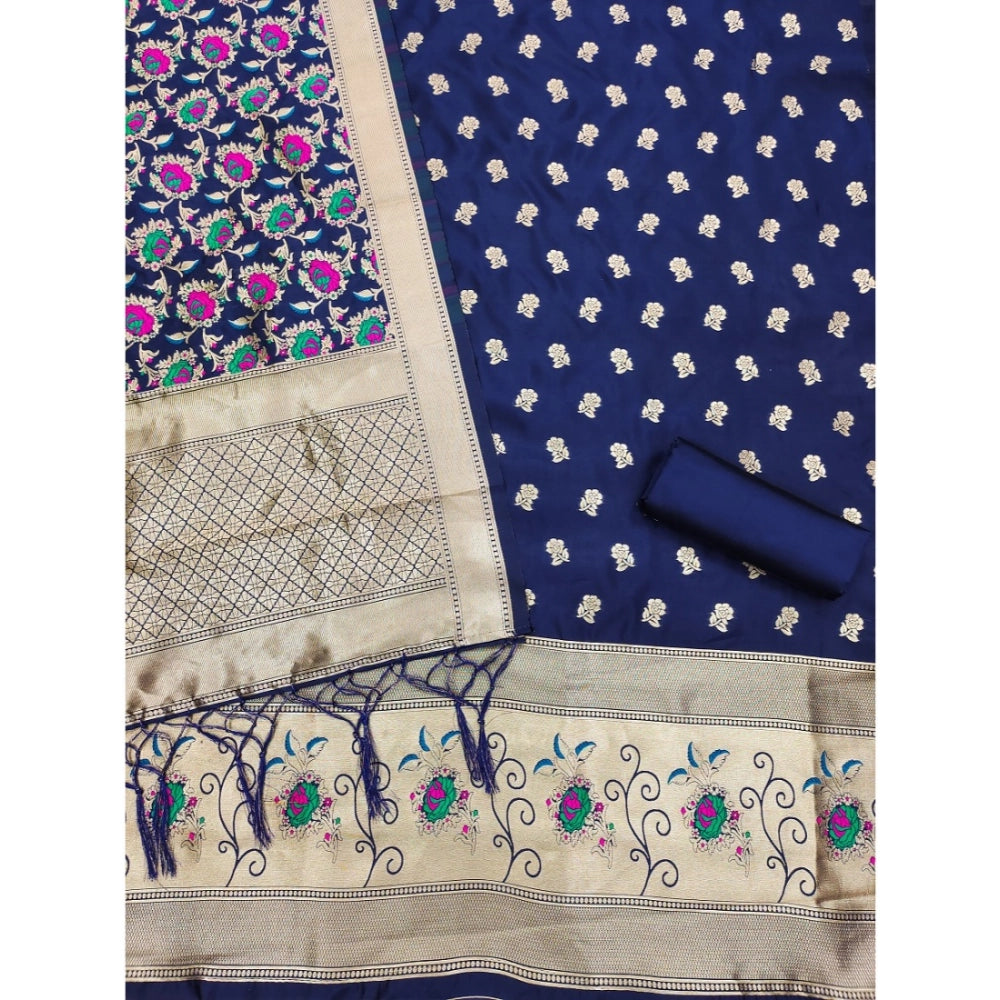 HD Women's Banarasi Silk Printed Unstitched Salwar Suit Material With Dupatta (Navy Blue, 3Mtrs)