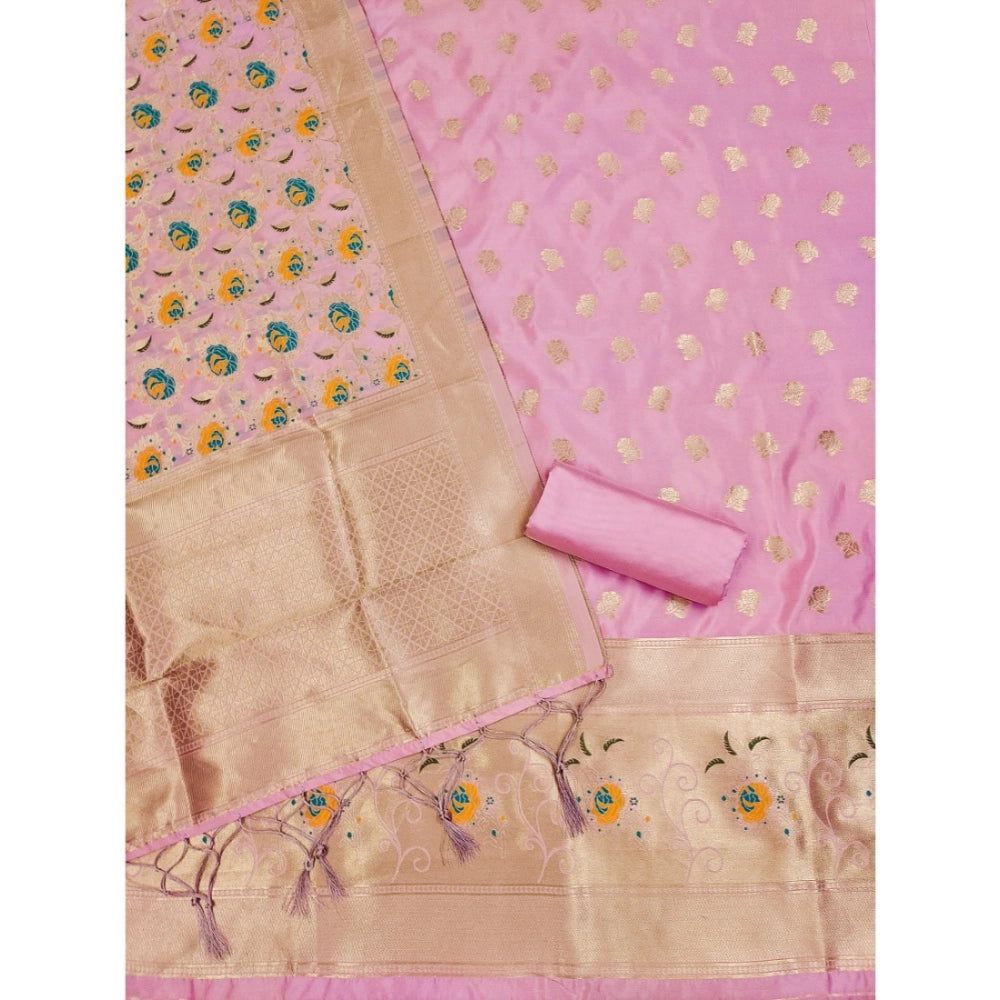 HD Women's Banarasi Silk Printed Unstitched Salwar Suit Material With Dupatta (Pink, 3Mtrs)