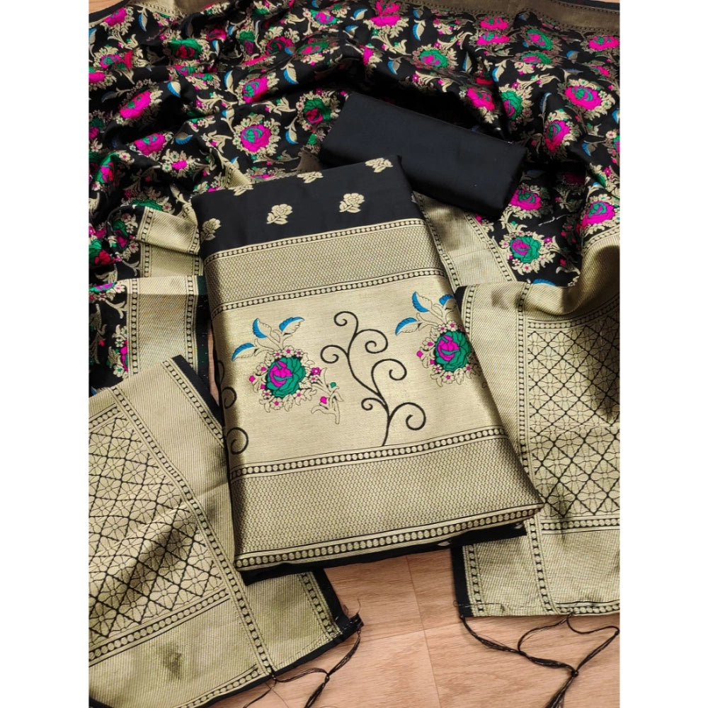 HD Women's Banarasi Silk Printed Unstitched Salwar Suit Material With Dupatta (Black, 3Mtrs)