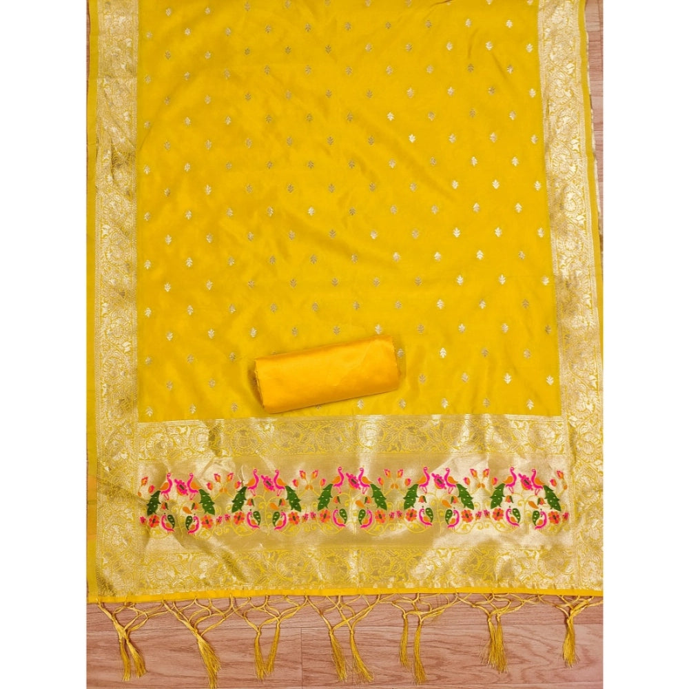 HD Women's Banarasi Silk Printed Unstitched Salwar Suit Material With Dupatta (Yellow, 3Mtrs)
