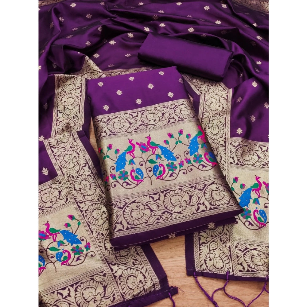 HD Women's Banarasi Silk Printed Unstitched Salwar Suit Material With Dupatta (Purple, 3Mtrs)