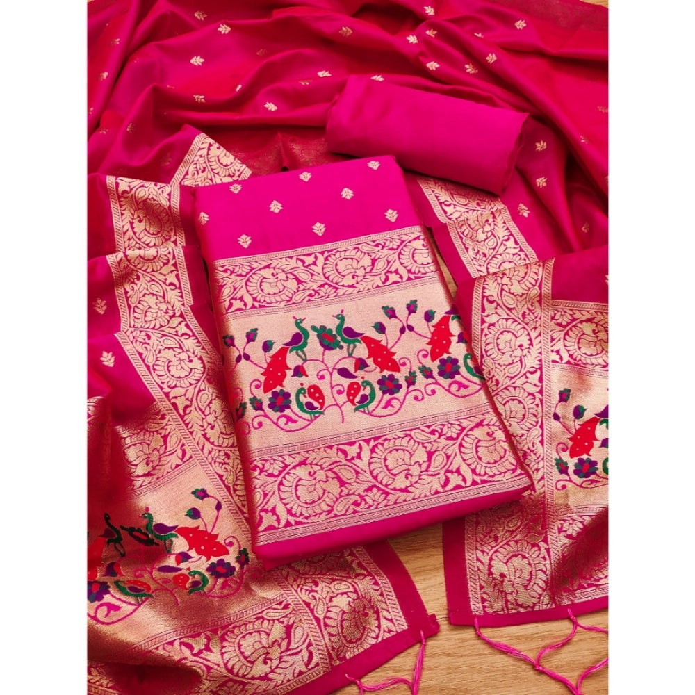 HD Women's Banarasi Silk Printed Unstitched Salwar Suit Material With Dupatta (Pink, 3Mtrs)