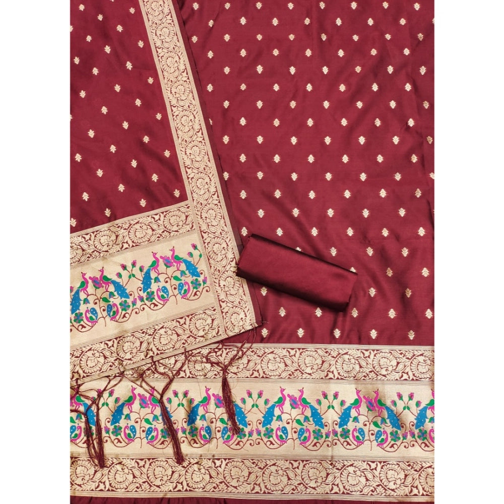 HD Women's Banarasi Silk Printed Unstitched Salwar Suit Material With Dupatta (Maroon, 3Mtrs)