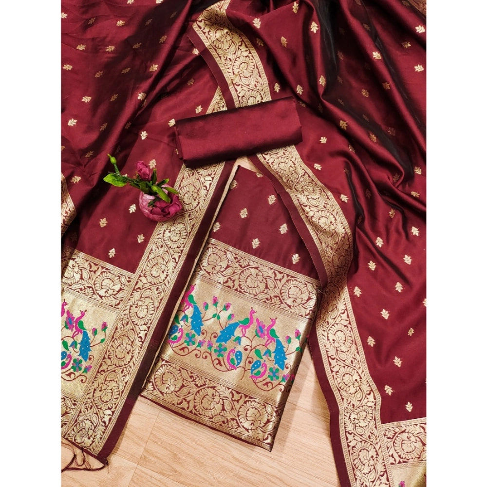 HD Women's Banarasi Silk Printed Unstitched Salwar Suit Material With Dupatta (Maroon, 3Mtrs)
