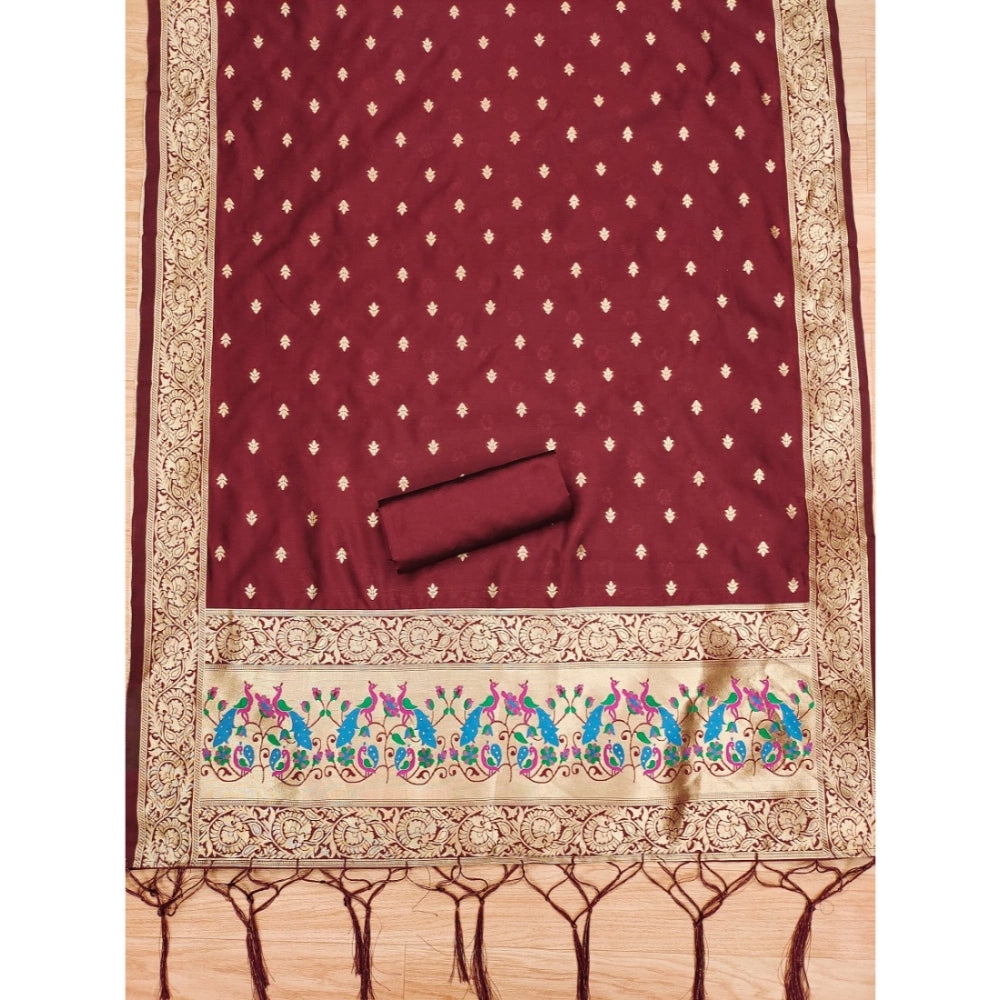 HD Women's Banarasi Silk Printed Unstitched Salwar Suit Material With Dupatta (Maroon, 3Mtrs)