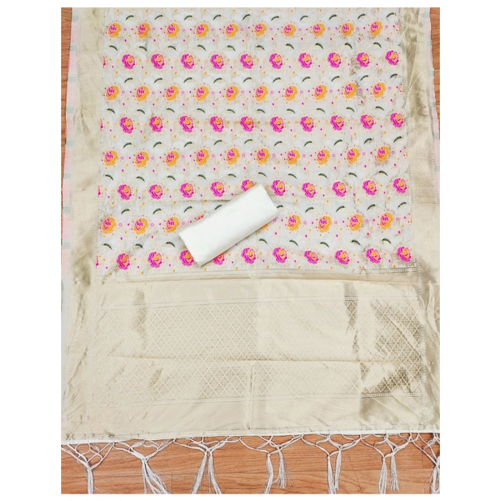 HD Women's Banarasi Silk Printed Unstitched Salwar Suit Material With Dupatta (White, 3Mtrs)