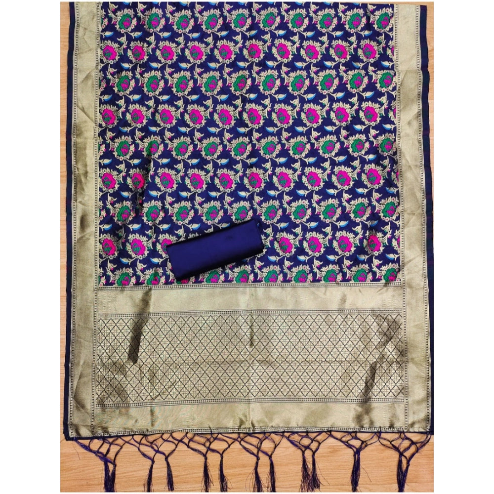 HD Women's Banarasi Silk Printed Unstitched Salwar Suit Material With Dupatta (Navy Blue, 3Mtrs)
