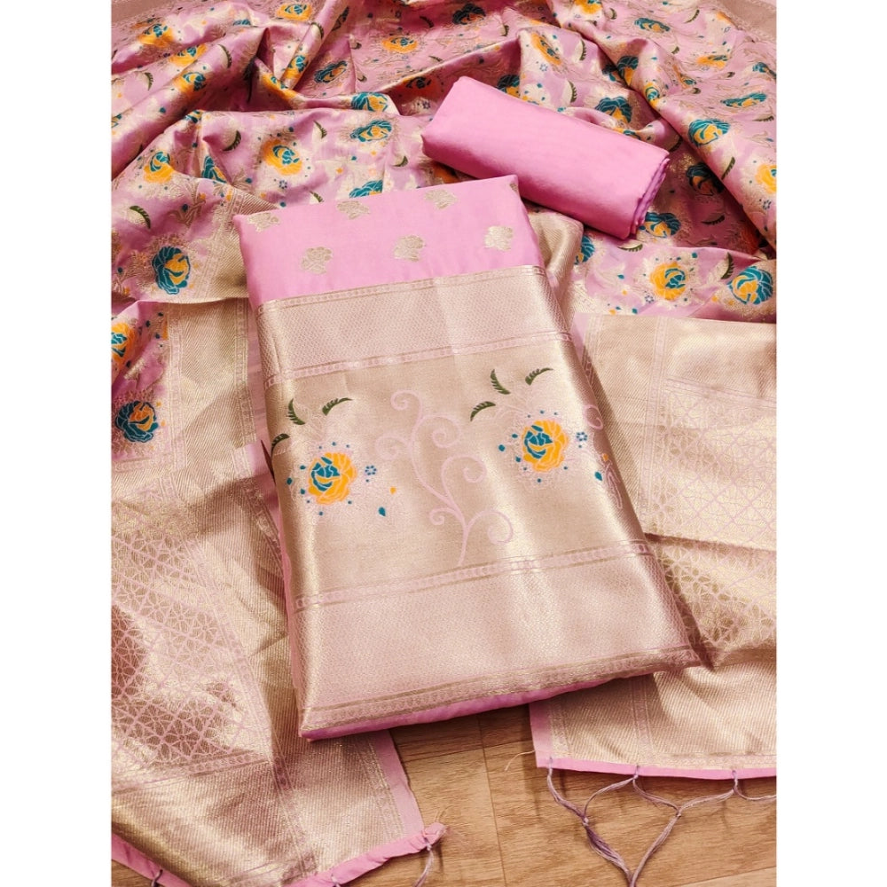HD Women's Banarasi Silk Printed Unstitched Salwar Suit Material With Dupatta (Pink, 3Mtrs)