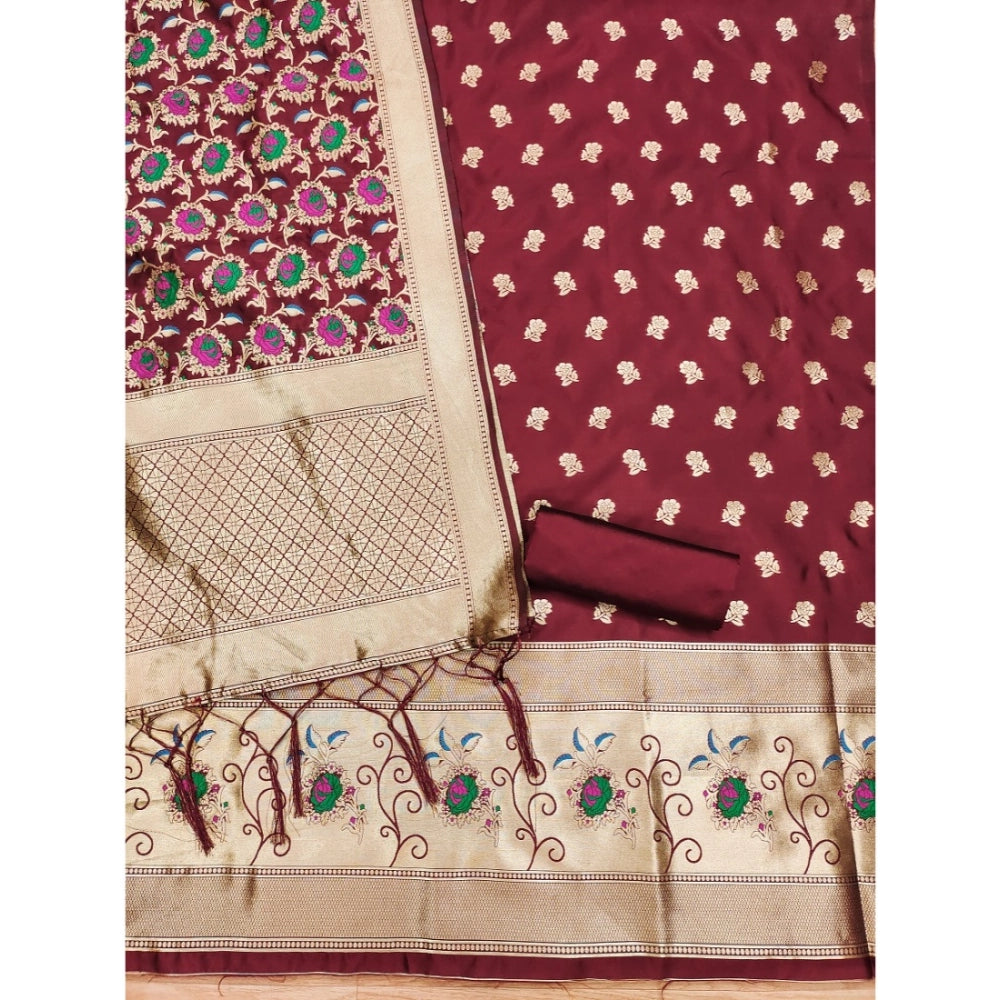 HD Women's Banarasi Silk Printed Unstitched Salwar Suit Material With Dupatta (Maroon, 3Mtrs)