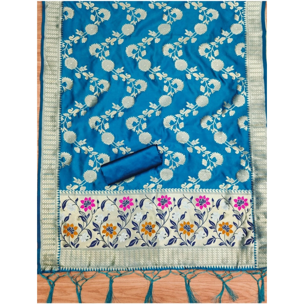 HD Women's Banarasi Silk Printed Unstitched Salwar Suit Material With Dupatta (Blue, 3Mtrs)