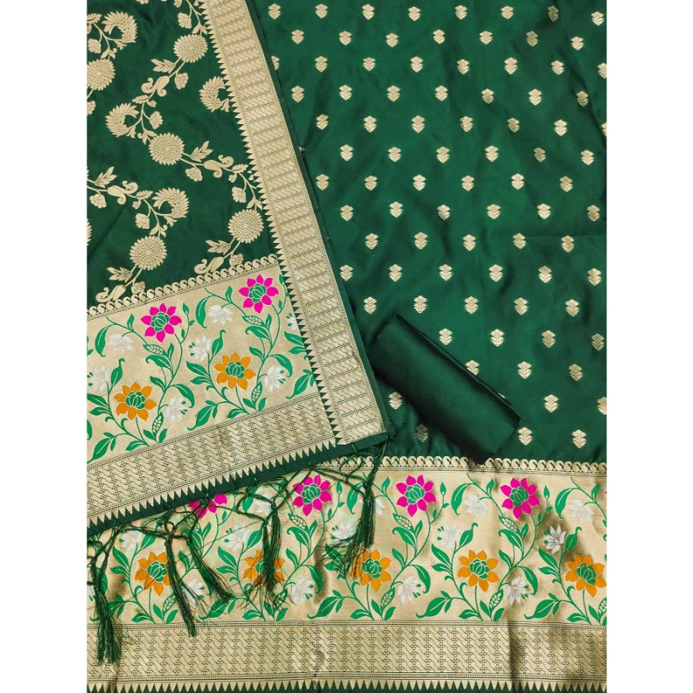 HD Women's Banarasi Silk Printed Unstitched Salwar Suit Material With Dupatta (Green, 3Mtrs)