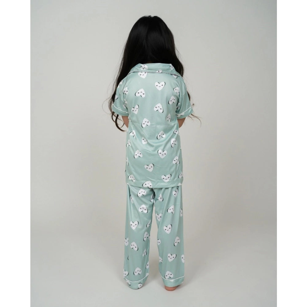 HamariDookan Girl's Silk Bleand Printed Short Sleeve Night Suit Set (Light Green)