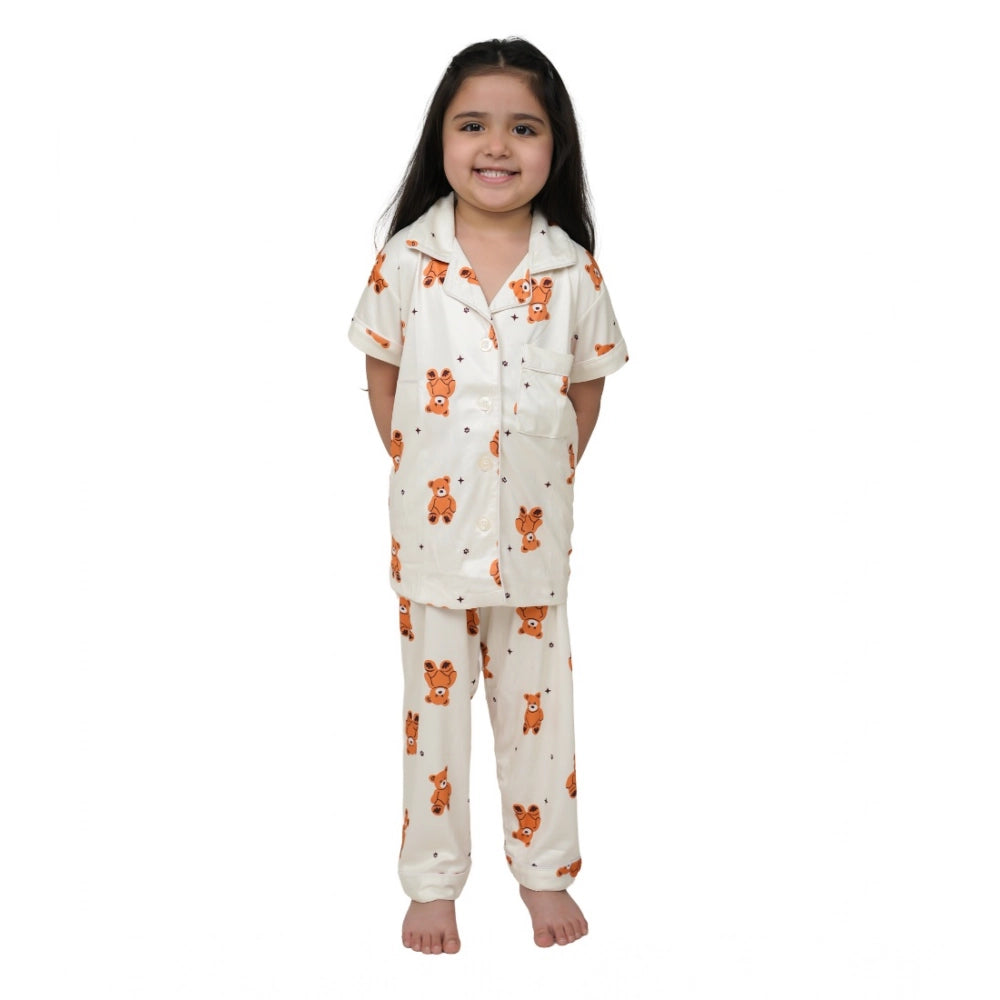HamariDookan Girl's Silk Bleand Printed Short Sleeve Night Suit Set (White)