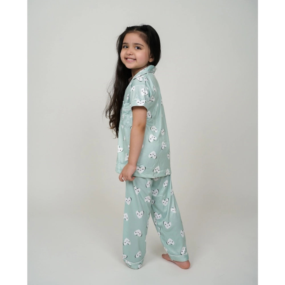HamariDookan Girl's Silk Bleand Printed Short Sleeve Night Suit Set (Light Green)