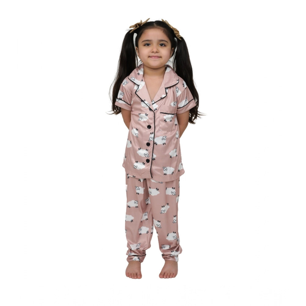 HamariDookan Girl's Silk Bleand Printed Short Sleeve Night Suit Set (Brown)