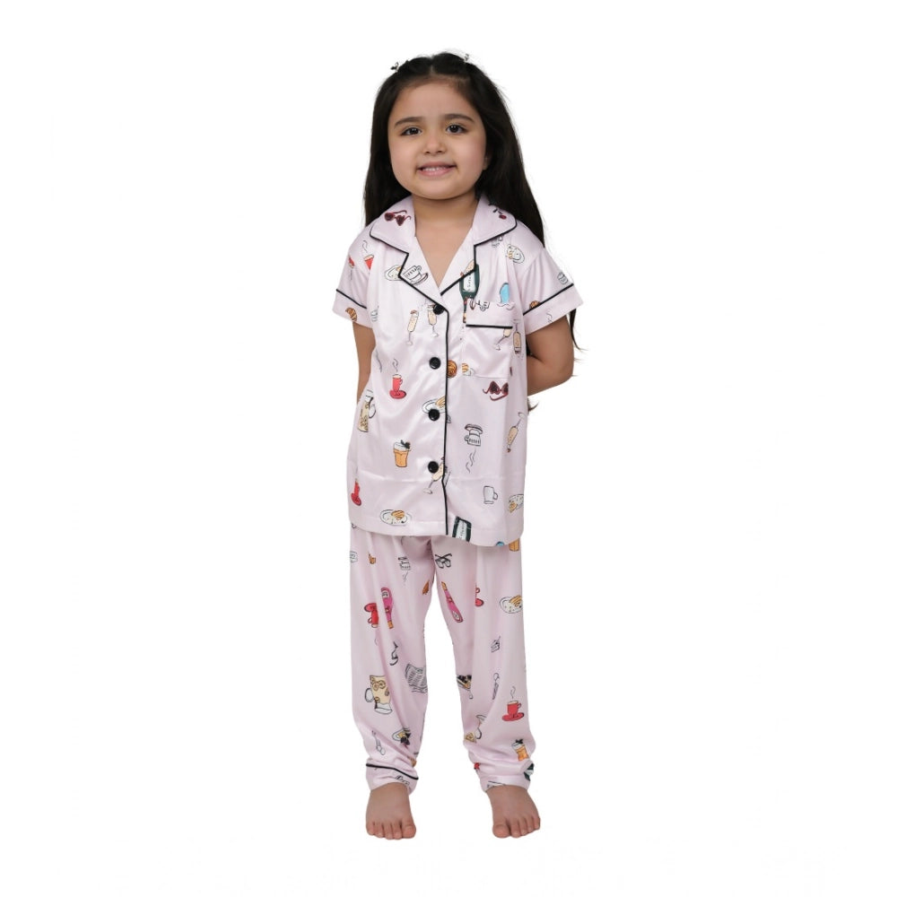 HamariDookan Girl's Silk Bleand Printed Short Sleeve Night Suit Set (Creem)