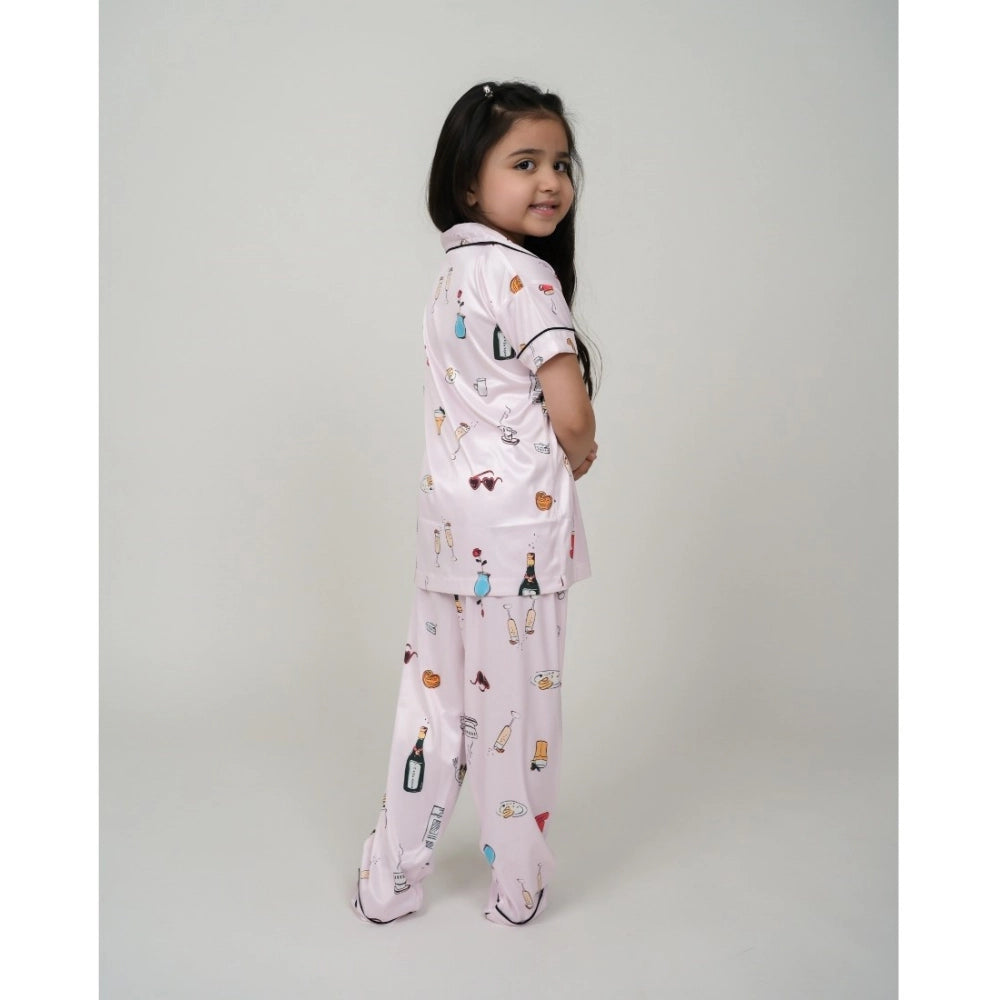 HamariDookan Girl's Silk Bleand Printed Short Sleeve Night Suit Set (Light Pink)
