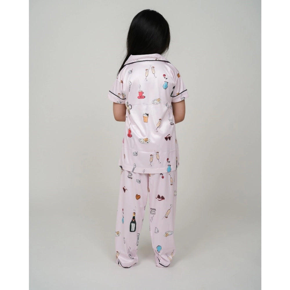 HamariDookan Girl's Silk Bleand Printed Short Sleeve Night Suit Set (Light Pink)